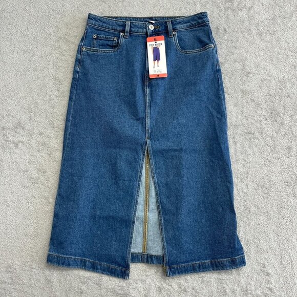 NEW Steve Madden Women's M Denim Midi Skirt With Front Slit - Picture 4 of 10